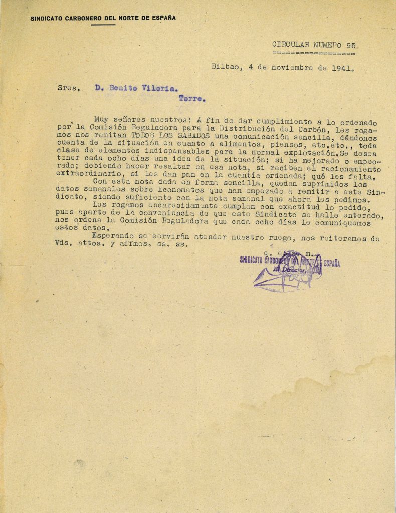Circulares del Sindicato Carbonero del Norte de España. Años 1940 a 1943. Tomo 1. Doc 2. 14 páginas