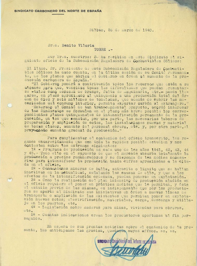 Circulares del Sindicato Carbonero del Norte de España. Años 1940 a 1943. Tomo 1. Doc 4. 14 páginas