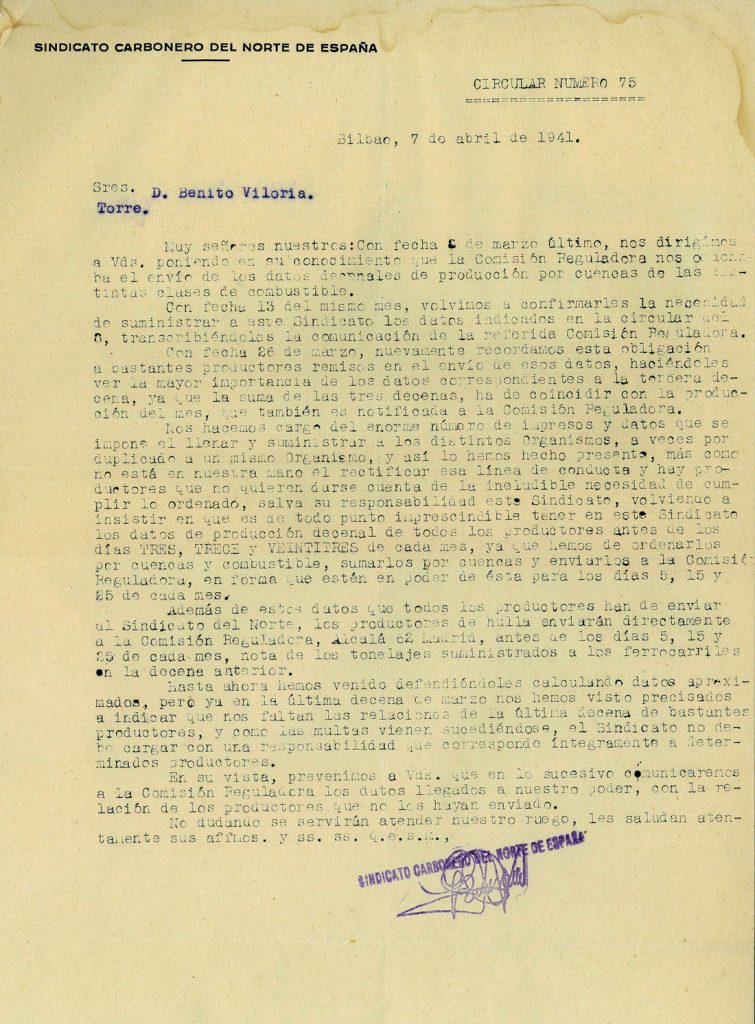 Circulares del Sindicato Carbonero del Norte de España. Años 1940 a 1943. Tomo 1. Doc 5. 14 páginas