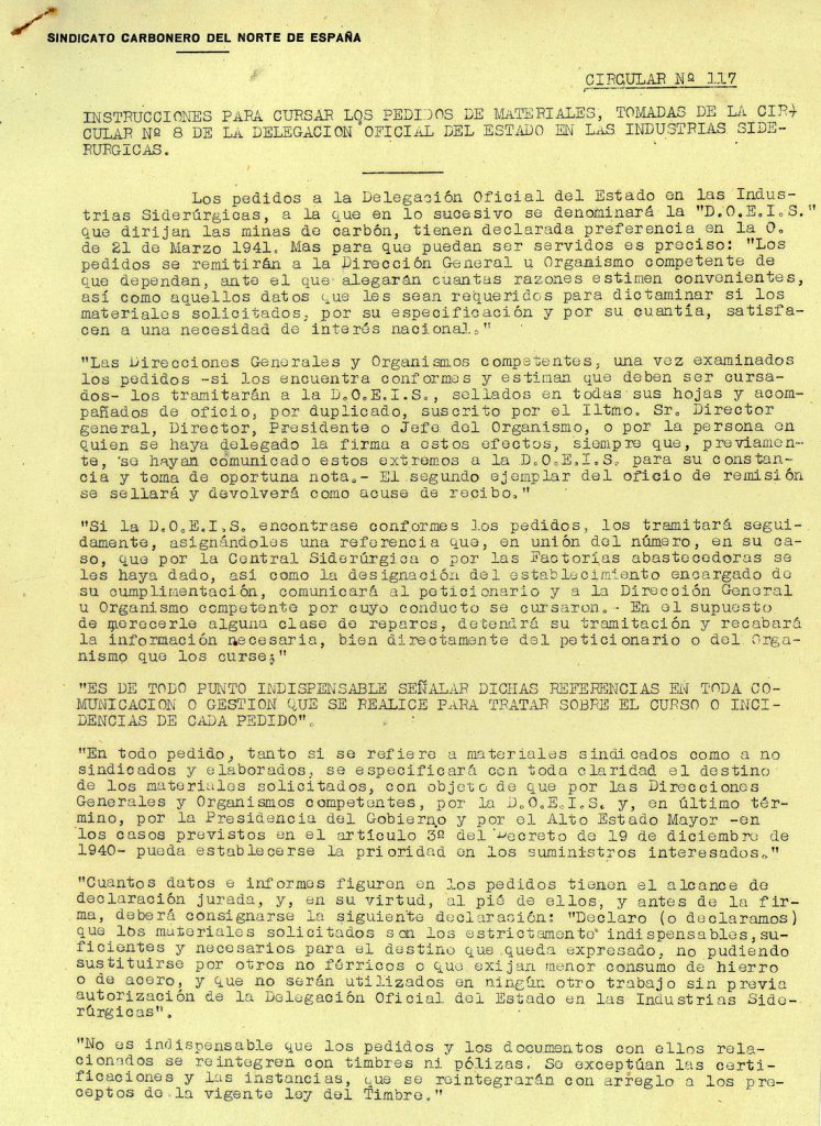 Circulares del Sindicato Carbonero del Norte de España. Años 1940 a 1943. Tomo 1. Doc 6. 15 páginas