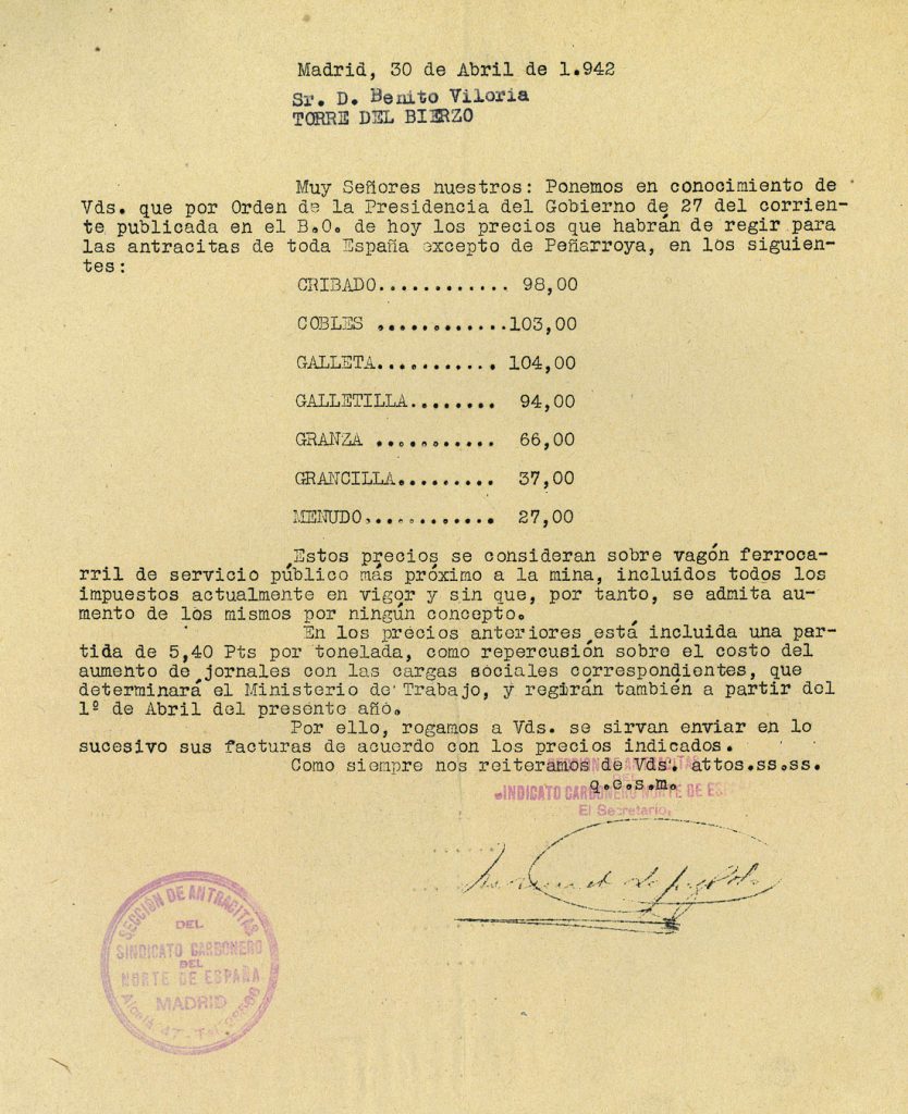 Circulares del Sindicato Carbonero del Norte de España. Años 1940 a 1943. Tomo 1. Doc 7. 14 páginas