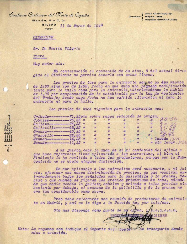 Circulares del Sindicato Carbonero del Norte de España. Años 1940 a 1943. Tomo 1. Doc 9. 12 páginas