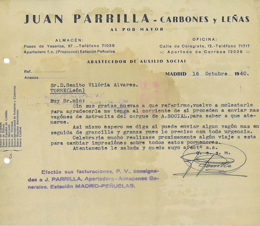 Correspondencia comercial entre Juan Parrilla Carbones y leñas y Benito Viloria. Años 1939 y 1941. Tomo 6. Doc 1. 21 páginas