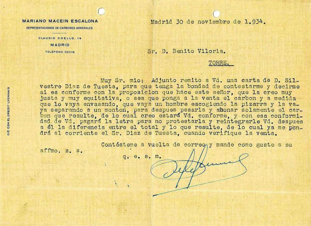 Correspondencia entre Benito Viloria y Mariano Macein Escalona, representaciones de carbones minerales, de Madrid. Años 1933 y 1934. Tomo 6. Doc 10. 14 páginas