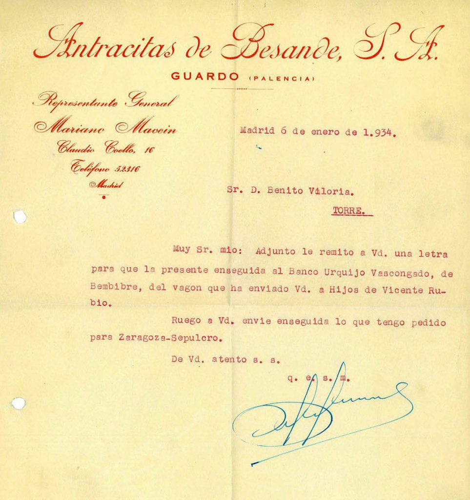 Correspondencia comercial entre Antracitas de Besdande y Benito Viloria. Año 1934. Tomo 6. Doc 11. 1 página