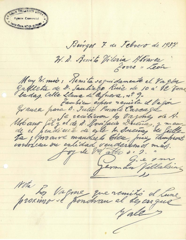 Correspondencia comercial entre Germán Villalain Ubierna y Benito Viloria. Año 1937. Tomo 6. Doc 14. 15 páginas