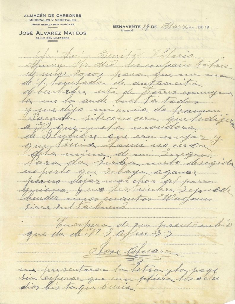 Correspondencia Comercial entre Almacén de Carbones Minerales y Vegetales José Alvarez Mateos y Benito Viloria. Año 1930. Tomo 6. Doc 16. 6 páginas