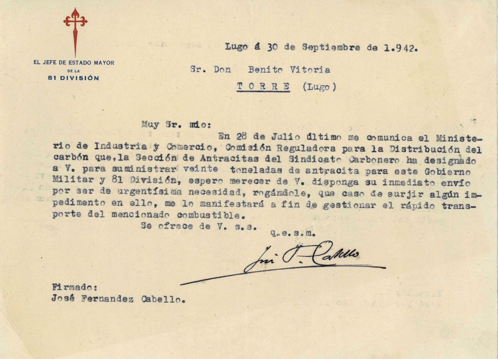 Petición del Jefe de Estado Mayor de la 81 División a Benito Viloria. Año 1942. Tomo 6. Doc 18. 1 página