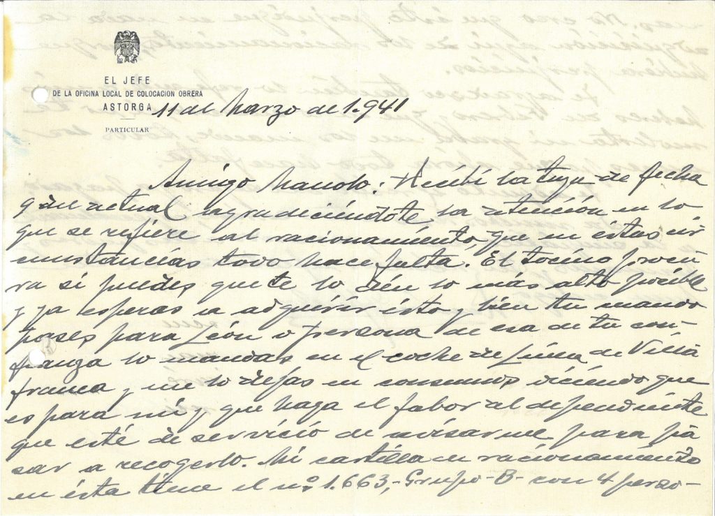 Petición del Jefe de la oficina local de Colocación Obrera a Manuel Viloria. Año 1941. Tomo 6. Doc 19. 3 páginas