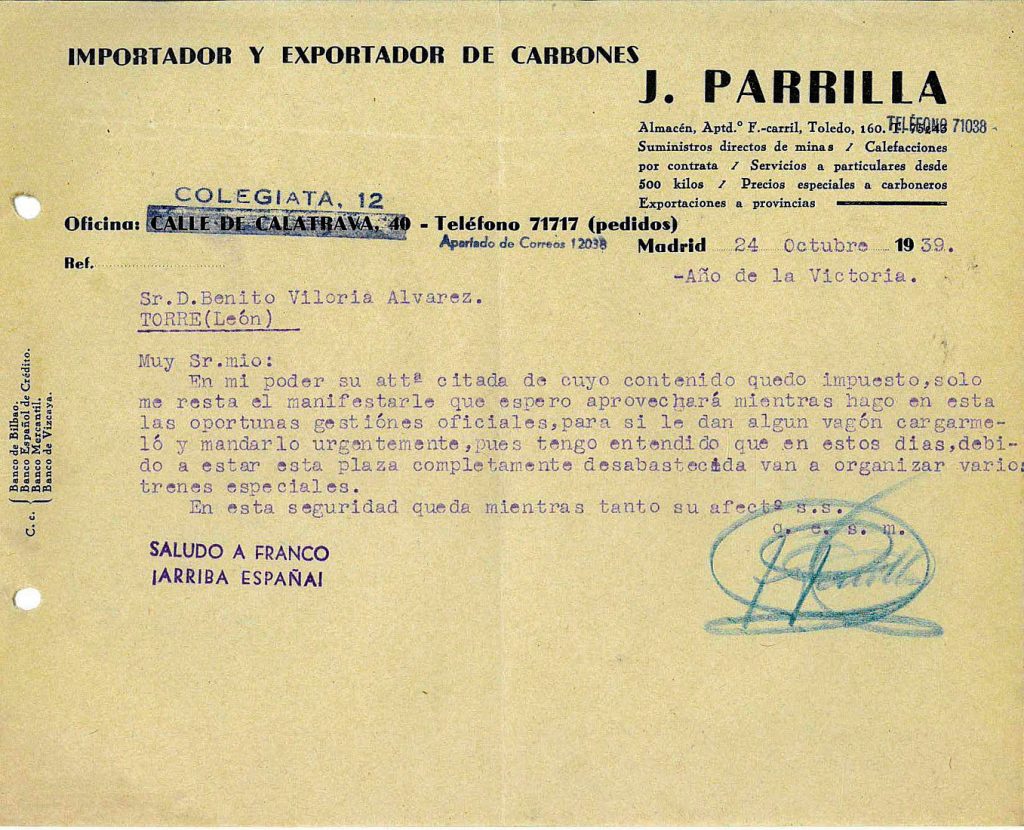 Correspondencia comercial entre Juan Parrilla Carbones y leñas y Benito Viloria. Años 1939 y 1941. Tomo 6. Doc 2. 13 páginas