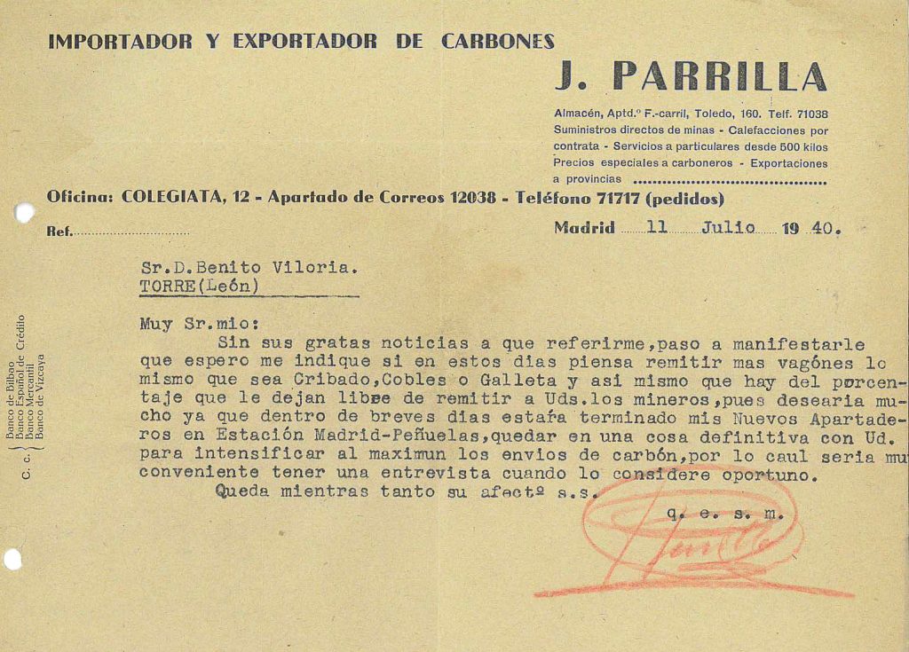 Correspondencia comercial entre Juan Parrilla Carbones y leñas y Benito Viloria. Años 1940 y 1941. Tomo 6. Doc 3. 13 páginas