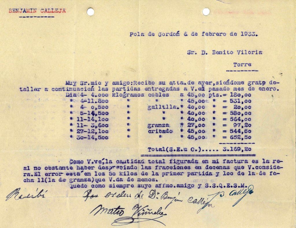 Correspondencia comercial entre Benjamin Calleja y Benito Viloria. Años 1932 y 1933. Tomo 6. Doc 4. 10 páginas