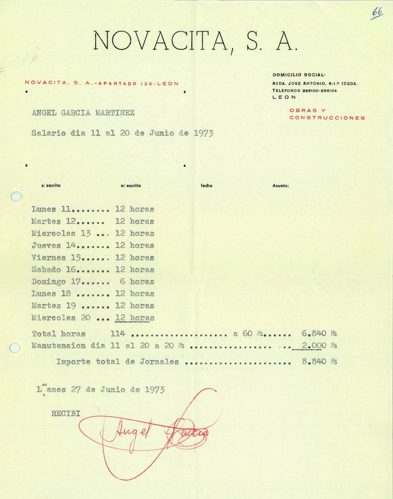 Documentos de pago semanal de trabajadores de la mina Novacita S.A. Llanes. Asturias. Año 1973. Tomo 5. Doc 42B. 16 páginas