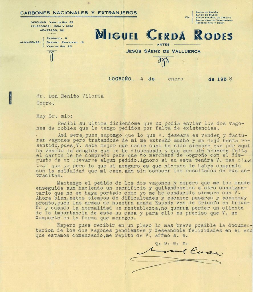 Correspondencia comercial entre Carbones Miguel Cerdá Rodes y Benito Viloria. Año 1938. Tomo 5. Doc 46. 1 página