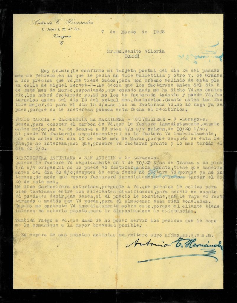 Correspondencia comercial entre Antonio J. Hernandez y Benito Viloria. Año 1938. Tomo 5. Doc 47. 2 páginas