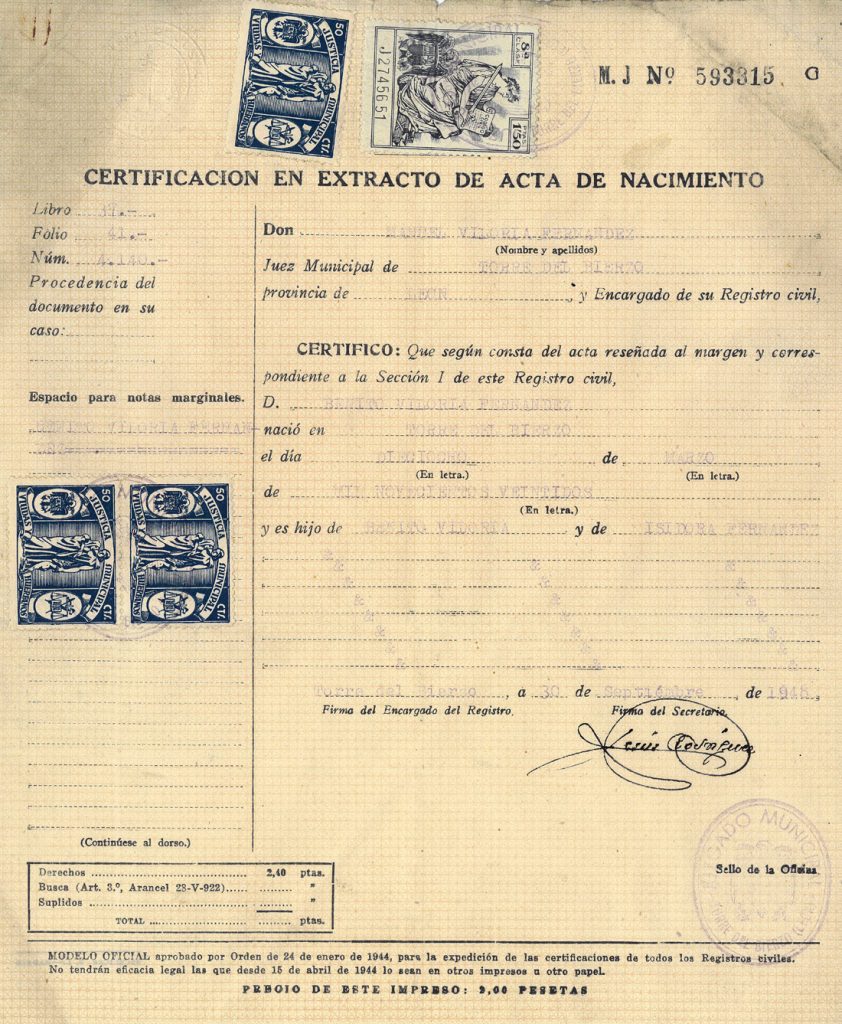 Certificado de Acta de Nacimiento de Benito Viloria Fernandez. 18 de Marzo de 1922. Tomo 5. Doc 50. 1 página
