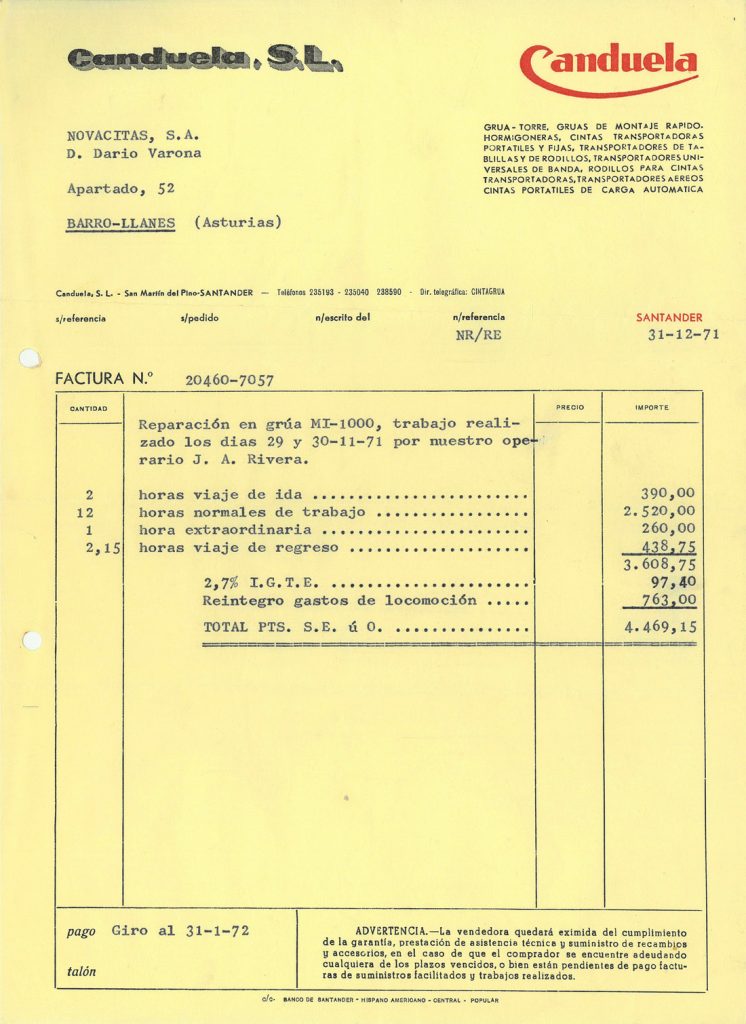 Factura de la Empresa Canduela S. L por la reparacion en grua MI- 1000 a Novacita S.A. Año 1971. Tomo 5. Doc 55. 1 página