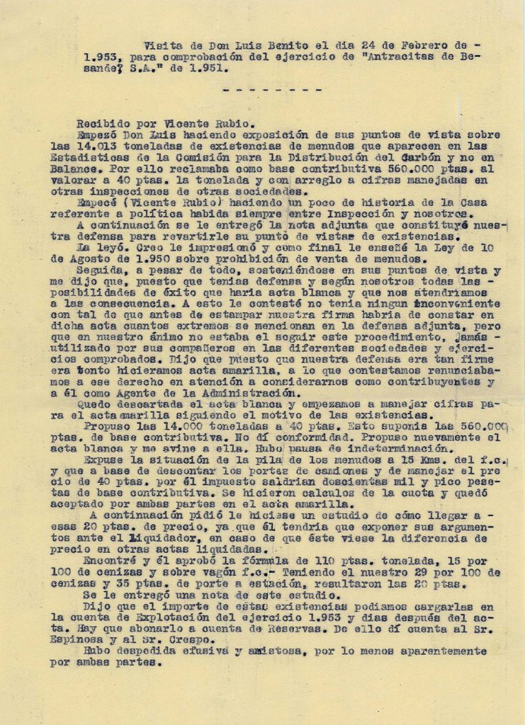 Acta de la visita de Don Luis Benito el 24 de Marzo de 1953 a Antracitas de Besande S.A. Año 1953. Tomo 5. Doc 56. 5 páginas