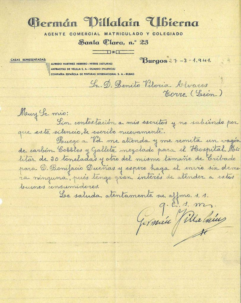 Correspondencia comercial entre Germán Villalain Ubierna y Benito Viloria. Años 1938 y 1941. Tomo 6. Doc 7. 13 páginas