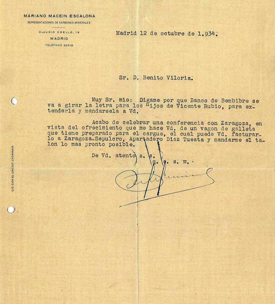 Correspondencia entre Benito Viloria y Mariano Macein Escalona, representaciones de carbones minerales, de Madrid. Años 1933 y 1934. Tomo 6. Doc 8. 10 páginas