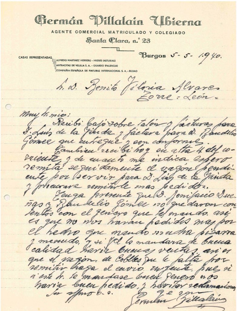 Correspondencia comercial entre German Villalain Ubierna y Benito Viloria. Año 1940. Tomo 7. Doc 1. 5 páginas
