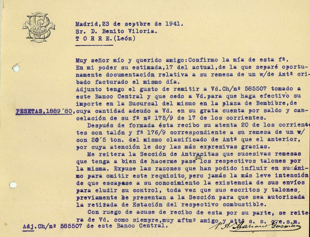 Correspondencia comercial entre B. Chavarri y Benito Viloria. Año 1941. Tomo 7. Doc 11. 3 páginas