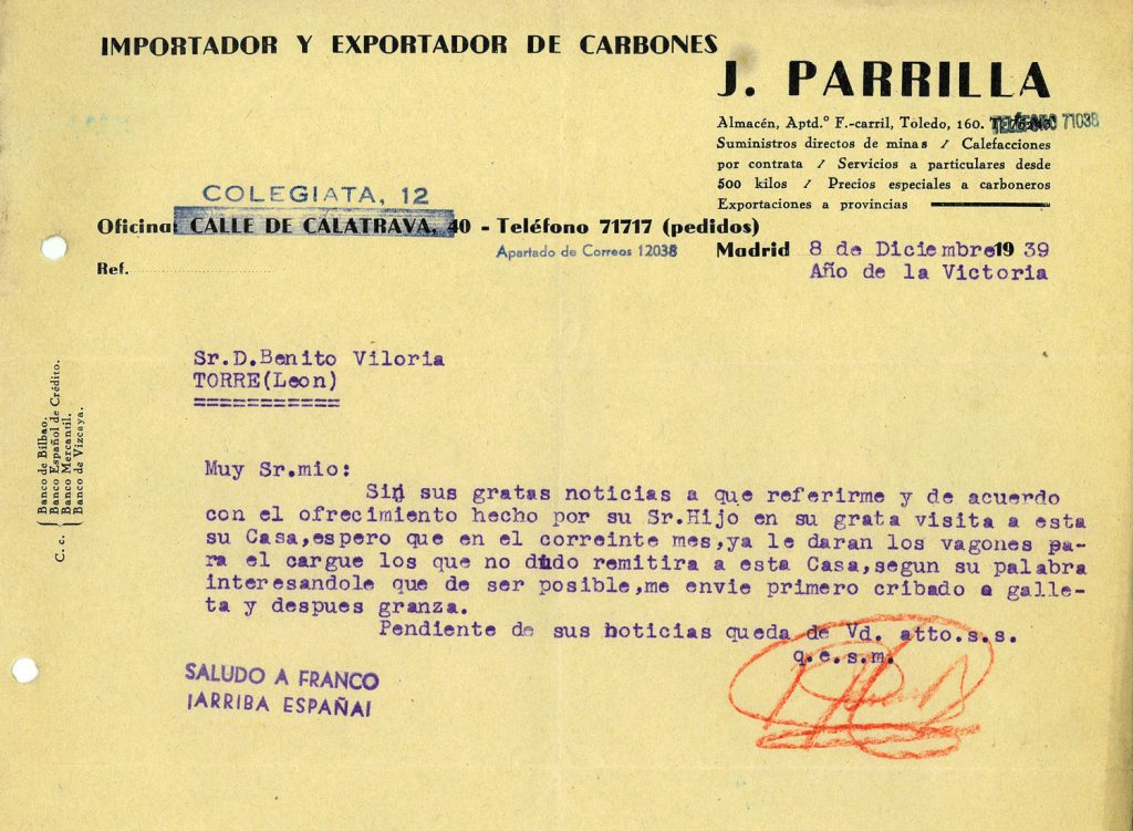 Correspondencia comercial entre almacen de carbones J. Parrilla y Benito Viloria. Año 1939. Tomo 7. Doc 12. 12 páginas