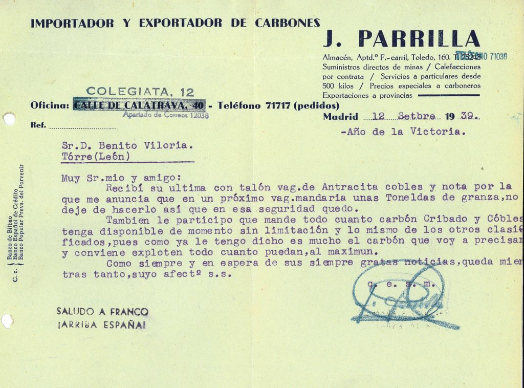 Correspondencia comercial entre almacen de carbones J. Parrilla y Benito Viloria. Año 1939-40. Tomo 7. Doc 13. 13 páginas