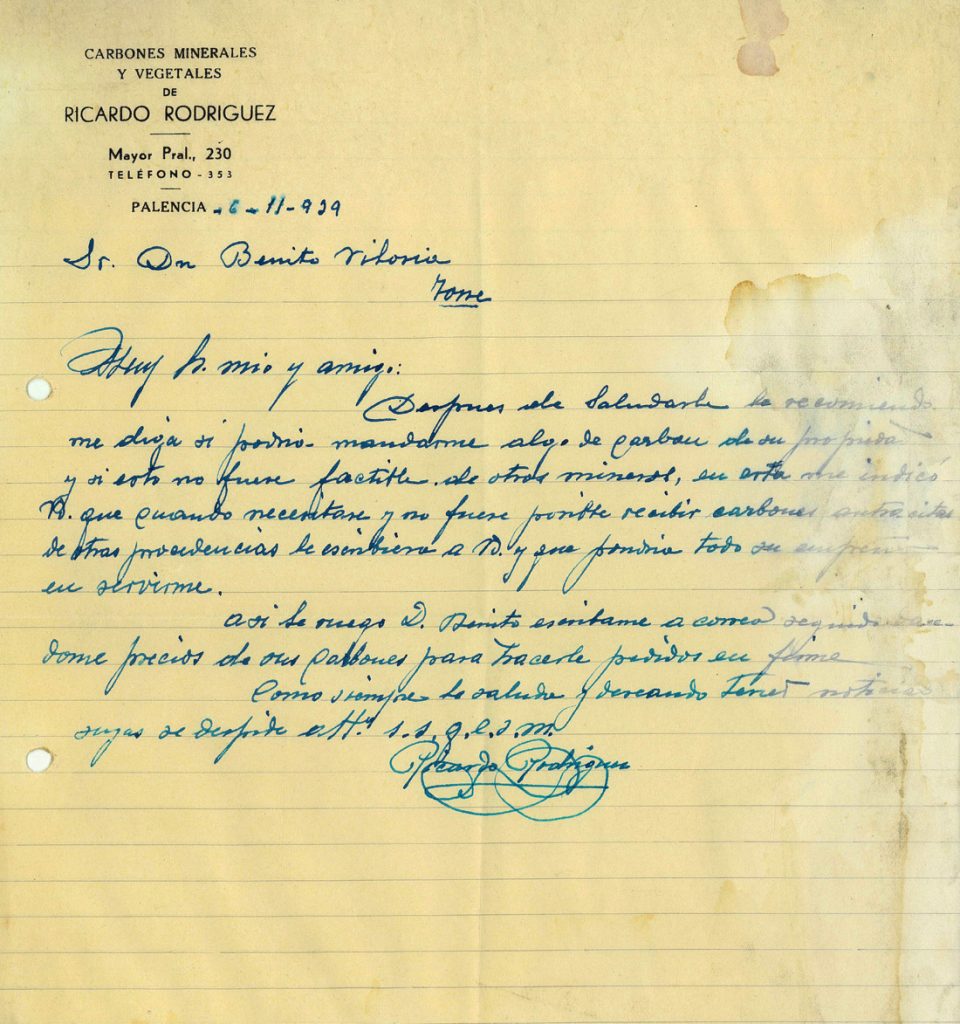 Correspondencia comercial entre Carbones Ricardo Rodriguez y Benito Viloria. Año 1939. Tomo 7. Doc 14. 1 página