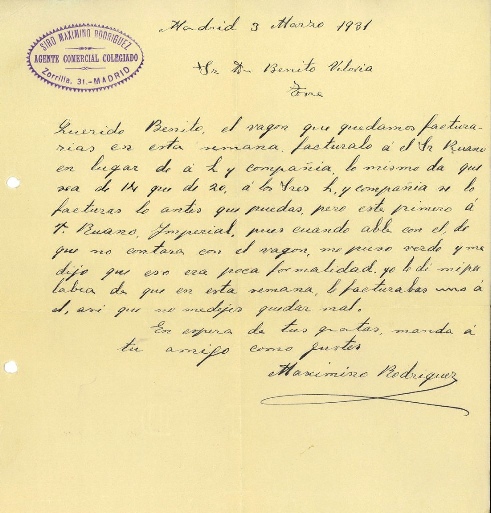 Correspondencia comercial entre Siro Maximino Rodriguez y Benito Viloria. Año 1931. Tomo 7. Doc 15. 4 páginas