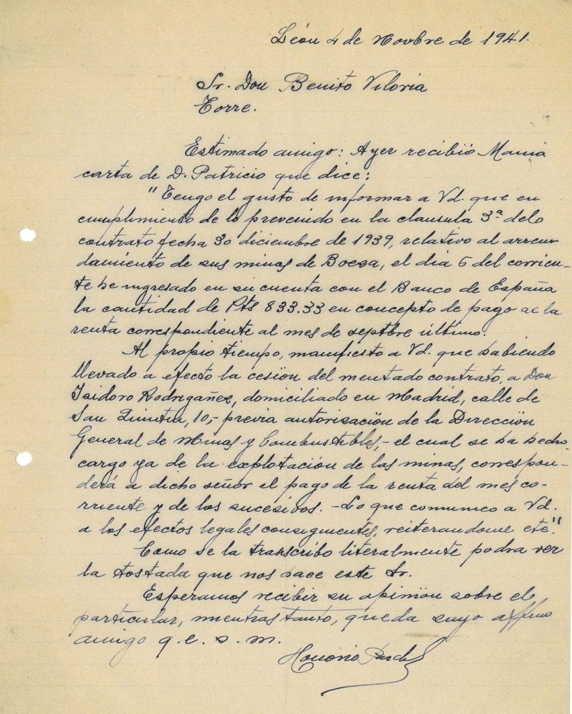 Correspondencia entre Honorio Pardo y Benito Viloria. Año 1941. Tomo 7. Doc 2. 1 página
