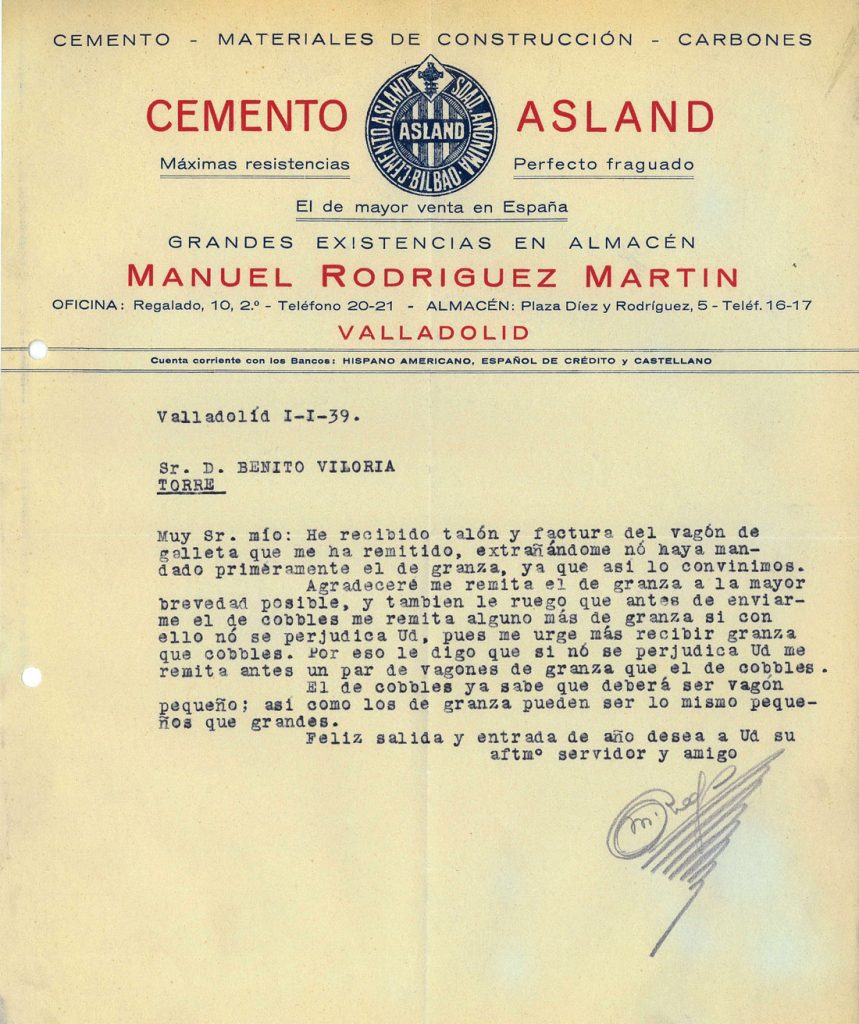 Correspondencia comercial entre Cemento Asland y Benito Viloria. Año 1939. Tomo 7. Doc 4. 3 páginas