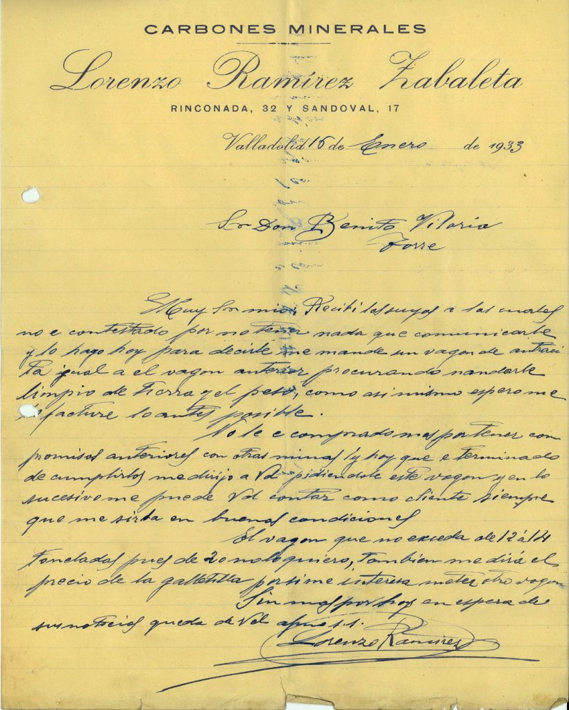 Correspondencia comercial entre Carbones Minerales Lorenzo Ramirez Zabaleta y Benito Viloria. Año 1932-33. Tomo 7. Doc 6. 5 páginas