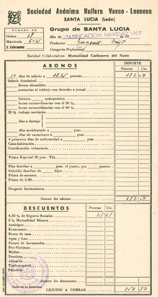 Nominas de Eugenio Viejo Marcos, de la empresa Hullera Vasco Leonesa. Grupo Santa Lucia. Documento 1. Tomo 1. 8 pag. Año 1957