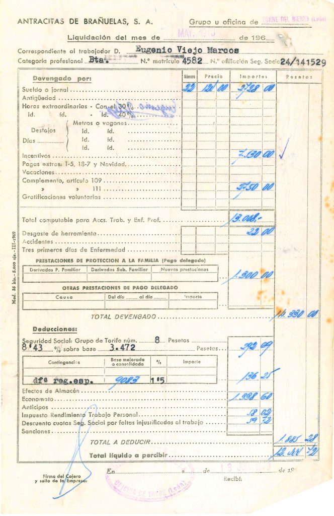 Nominas de Eugenio Viejo Marcos, de la empresa Antracitas de Brañuelas S.A. Documento 10. Tomo 1. 6 pag. Año 1970