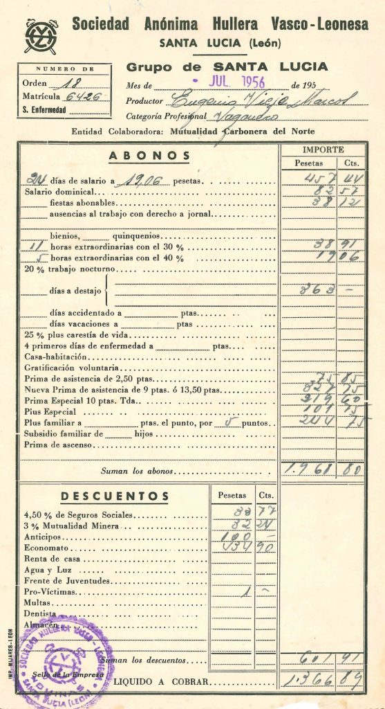 Nominas de Eugenio Viejo Marcos, de la empresa Hullera Vasco Leonesa. Grupo Santa Lucia. Documento 11. Tomo 1. 5 pag. Año 1956