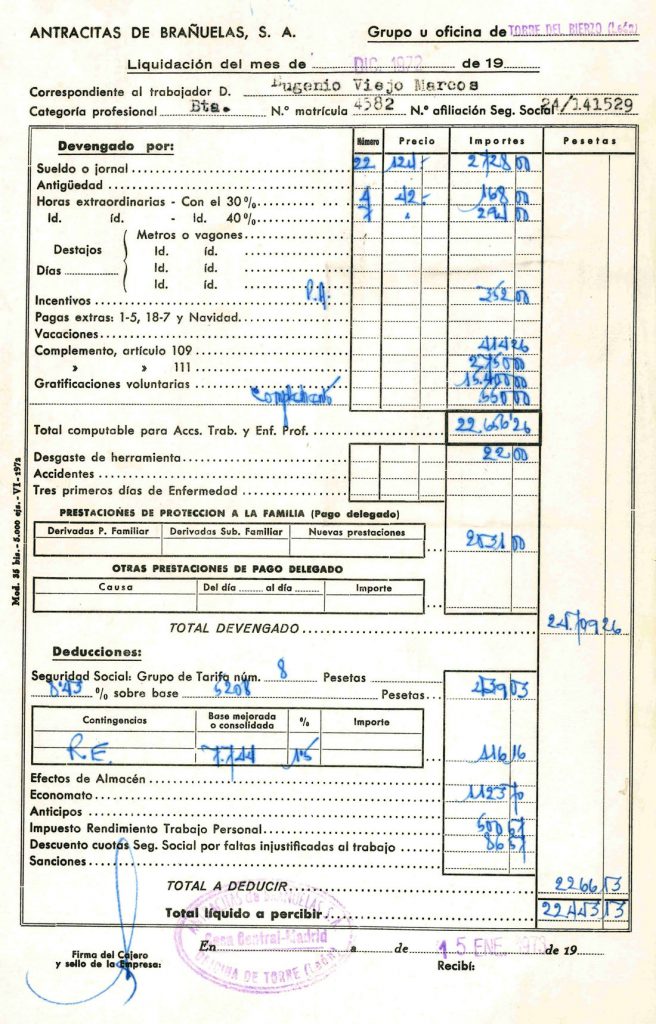 Nominas de Eugenio Viejo Marcos, de la empresa Antracitas de Brañuelas S.A. Documento 12. Tomo 1. 6 pag. Año 1972
