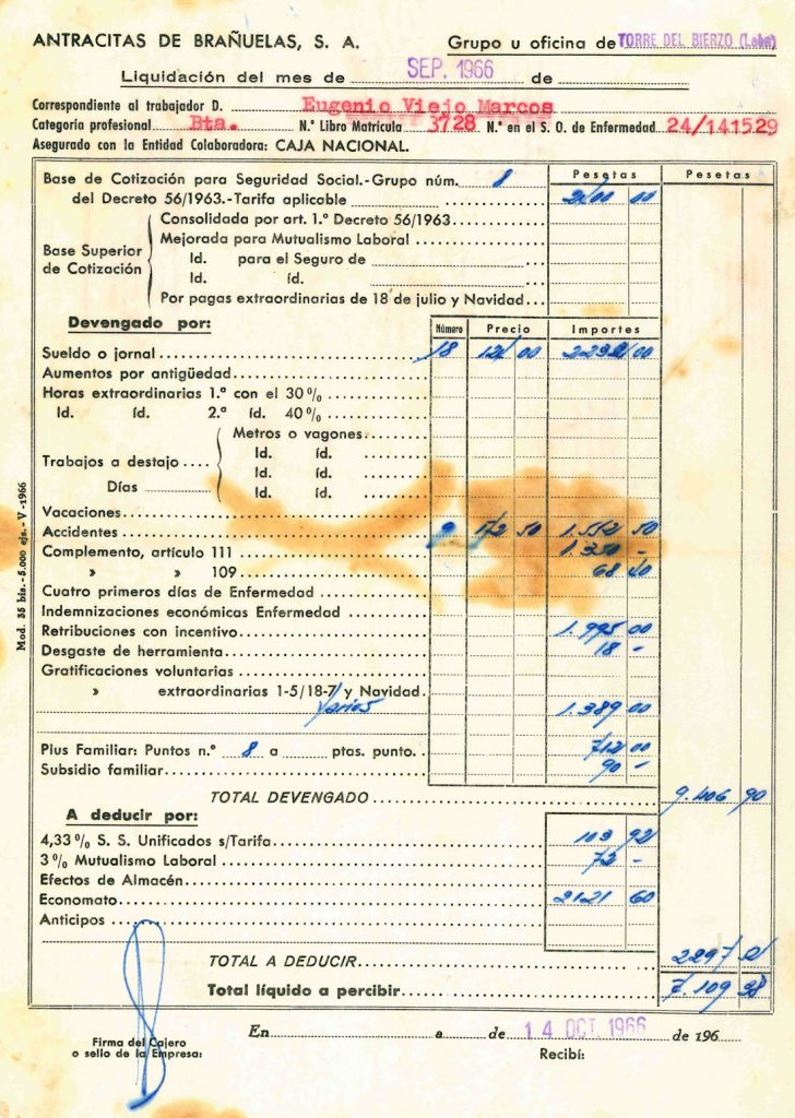 Nominas de Eugenio Viejo Marcos, de la empresa Antracitas de Brañuelas S.A. Documento 14. Tomo 1. 5 pag. Año 1966