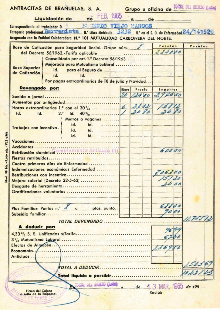 Nominas de Eugenio Viejo Marcos, de la empresa Antracitas de Brañuelas S.A. Documento 15. Tomo 1. 6 pag. Año 1965