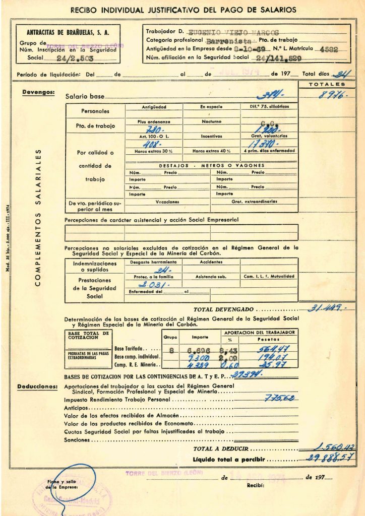 Nominas de Eugenio Viejo Marcos, de la empresa Antracitas de Brañuelas S.A. Documento 16. Tomo 1. 6 pag. Año 1974