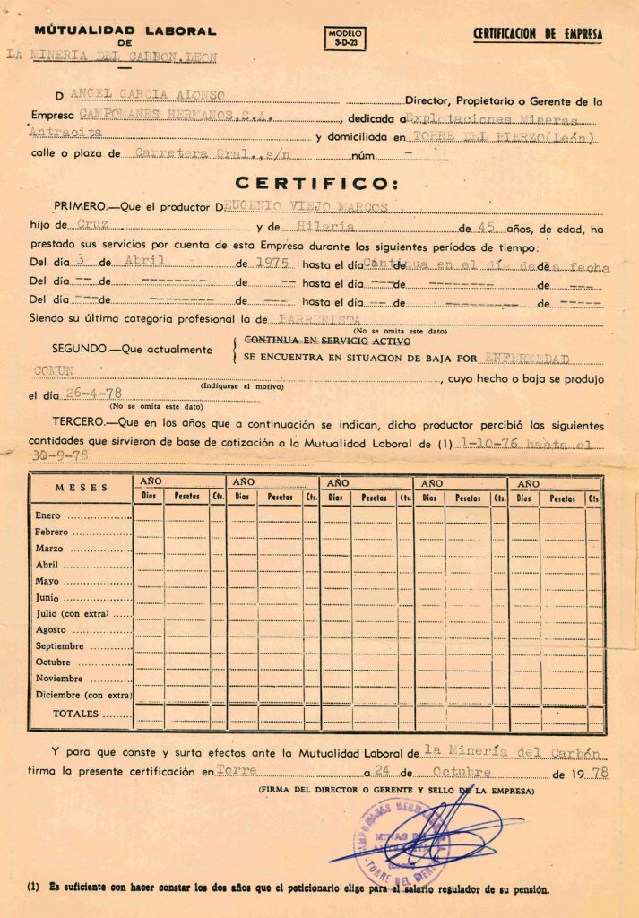 Certificado de la empresa Campomanes Hermanos de Eugenio Viejo Marcos, para la Mutualidad Laboral. Documento 17. Tomo 1. 3 pag. Año 1978