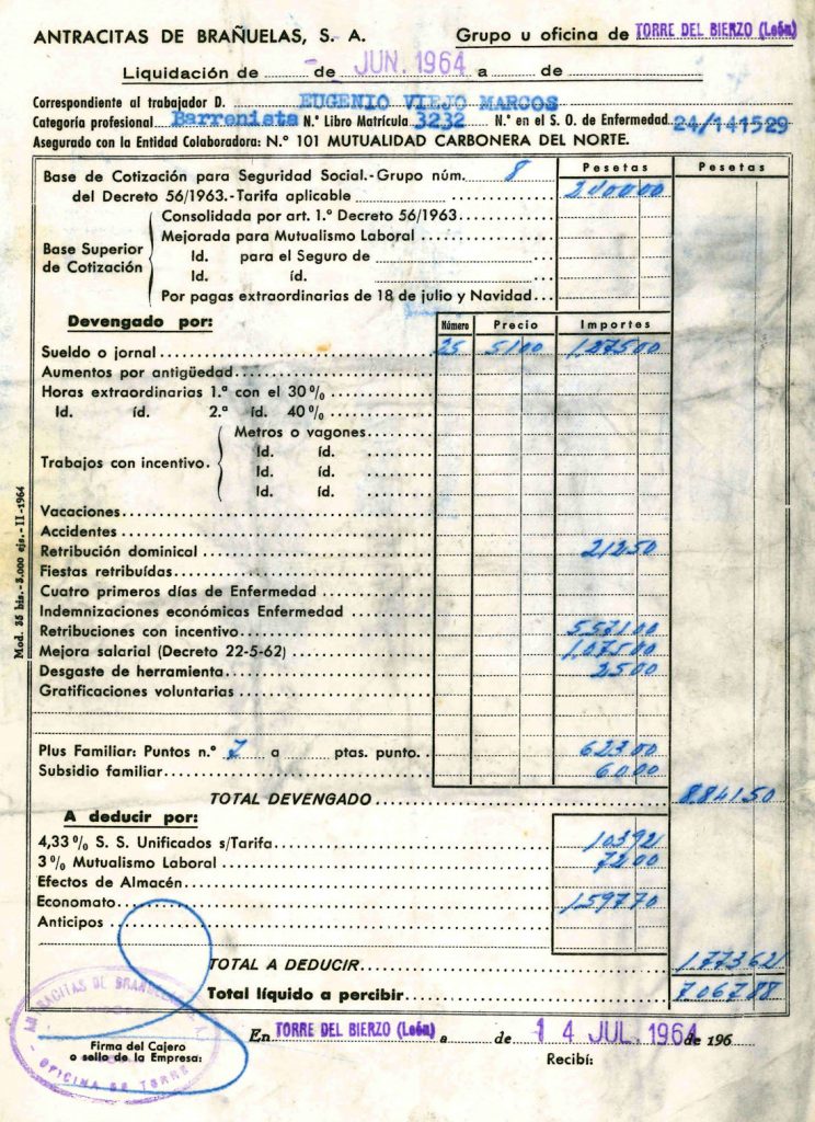 Nominas de Eugenio Viejo Marcos, de la empresa Antracitas de Brañuelas S.A. Documento 18. Tomo 1. 5 pag. Año 1964