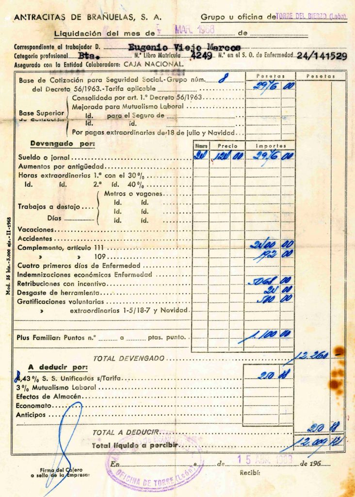 Nominas de Eugenio Viejo Marcos, de la empresa Antracitas de Brañuelas S.A. Documento 19. Tomo 1. 3 pag. Año 1968