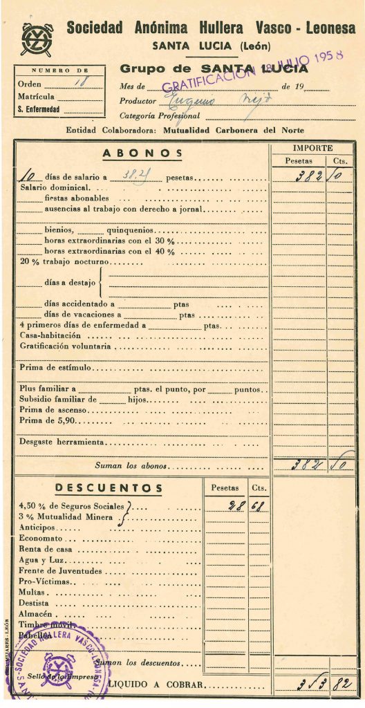 Nominas de Eugenio Viejo Marcos, de la empresa Hullera Vasco Leonesa. Grupo Santa Lucia. Documento 2. Tomo 1. 5 pag. Año 1958