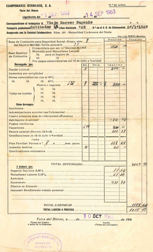 Nominas de Eugenio Viejo Marcos, de la empresa Campomanes Hermanos S.A. Documento 20. Tomo 1. 2 pag. Año 1963