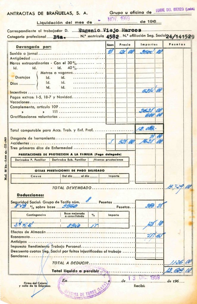 Nominas de Eugenio Viejo Marcos, de la empresa Campomanes Hermanos S.A. Documento 21. Tomo 1. 3 pag. Año 1969
