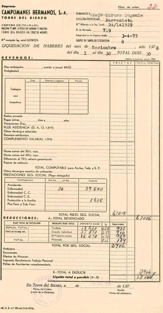 Nominas de Eugenio Viejo Marcos, de la empresa Campomanes Hermanos S.A. Documento 6. Tomo 1. 6 pag. Año 1978