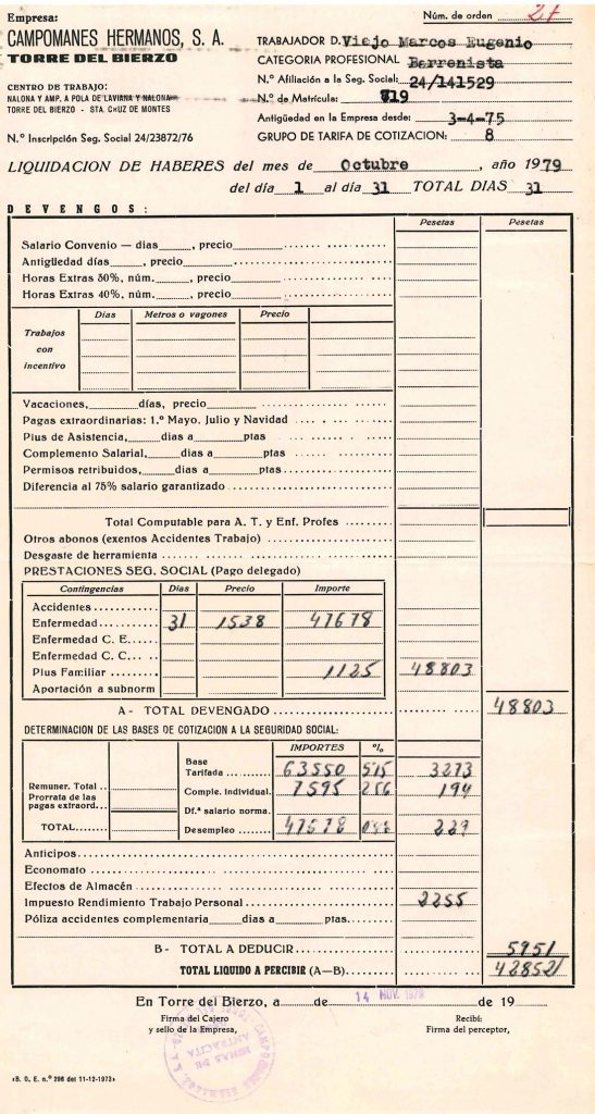 Nominas de Eugenio Viejo Marcos, de la empresa Campomanes Hermanos S.A. Documento 7. Tomo 1. 5 pag. Año 1979