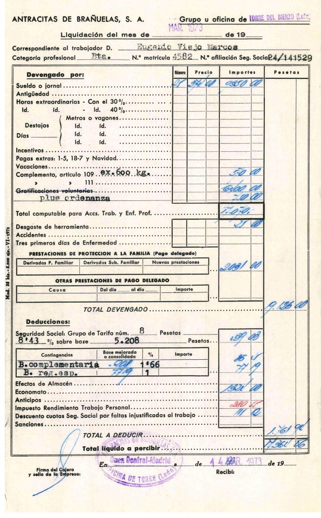 Nominas de Eugenio Viejo Marcos, de la empresa Antracitas de Brañuelas S.A. Documento 9. Tomo 1. 6 pag. Año 1973