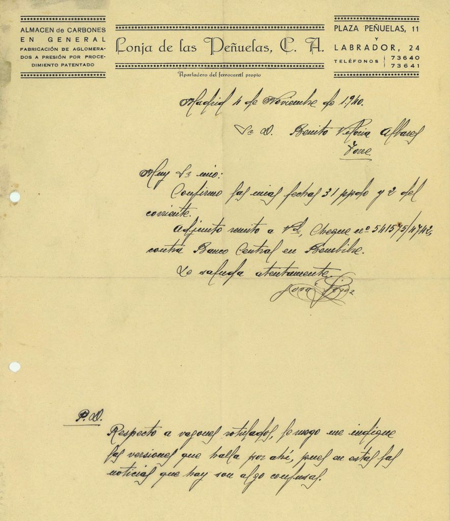 Correspondencia comercial entre almacen de carbones Lonja de Las Peñuelas y Benito Viloria. Año 1940. Tomo 7. Doc 17. 2 páginas